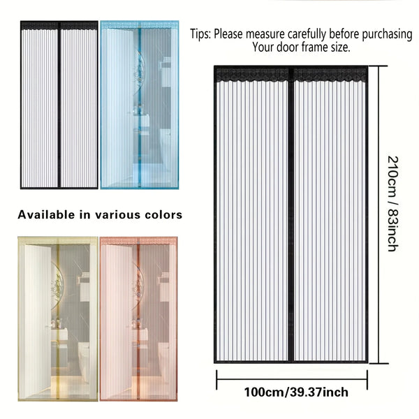 A vertical magnetic screen door in black with vertical slats, shown next to a clear version and color options.