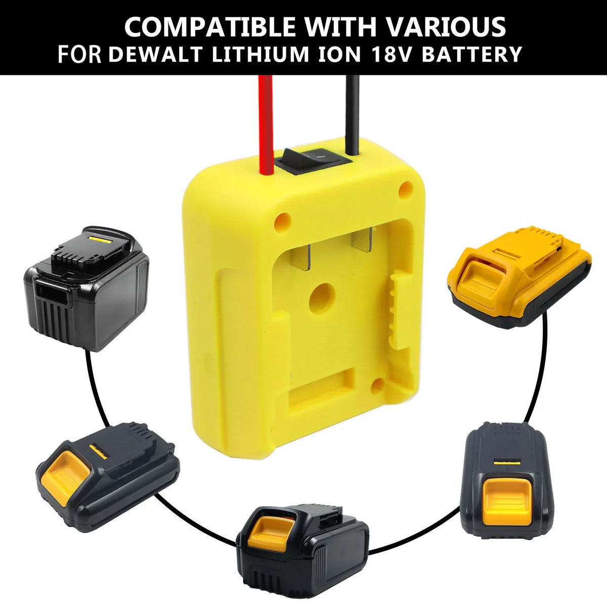 Yellow battery adapter for Dewalt lithium ion 18V battery with fuse and switch components
