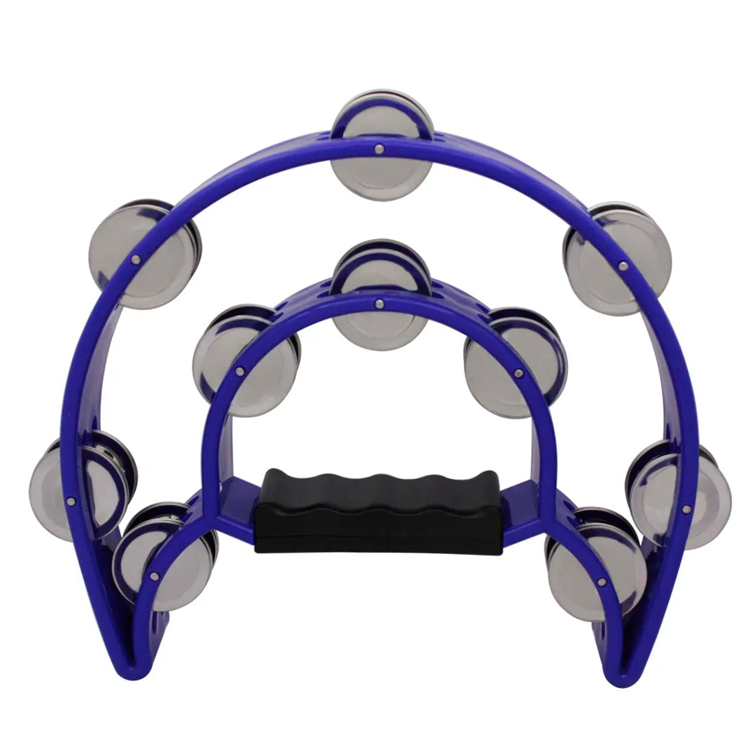 A purple double-layer half moon tambourine with hand bells.