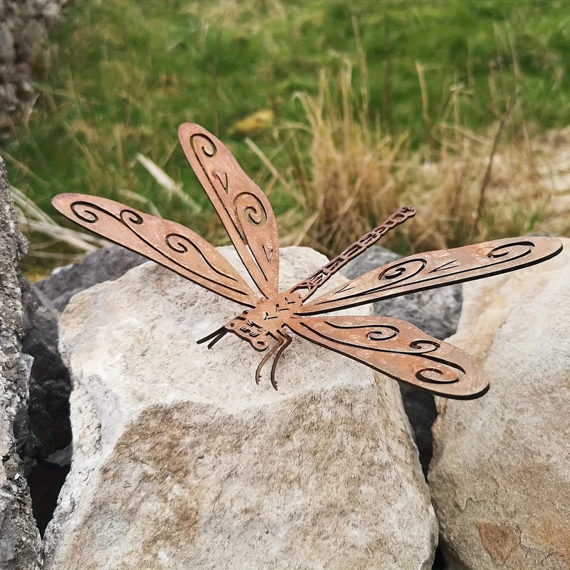 Rust-Colored Metal Dragonfly Garden Statue