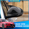 Gloss black rear view mirror cover for Alfa Romeo Stelvio and Giulia vehicles.