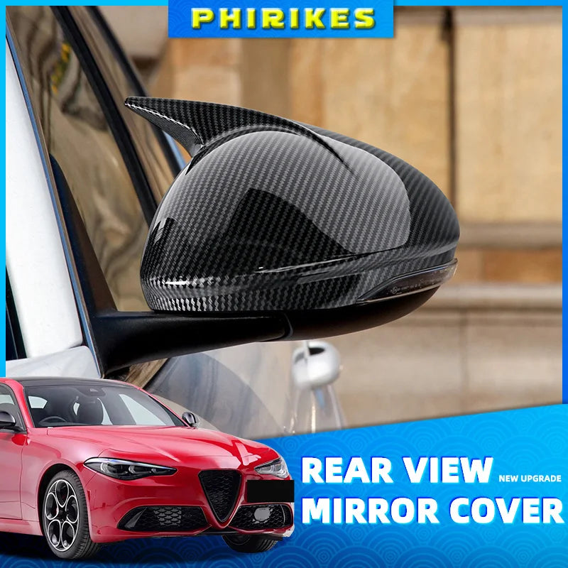 Gloss black rear view mirror cover for Alfa Romeo Stelvio and Giulia vehicles.