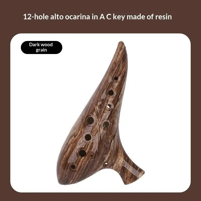 A dark wood grain alto ocarina in A key made of resin