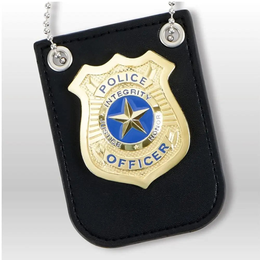 A black felt badge featuring a gold police officer seal with blue and white details and attached to a keyring.