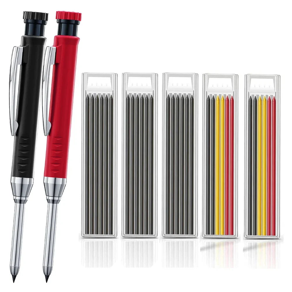 A set of black and red solid wood carpenter's mechanical pencils with various colored lead tips.
