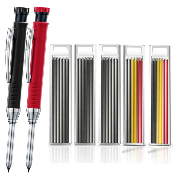A set of black and red solid wood carpenter's mechanical pencils with various colored lead tips.
