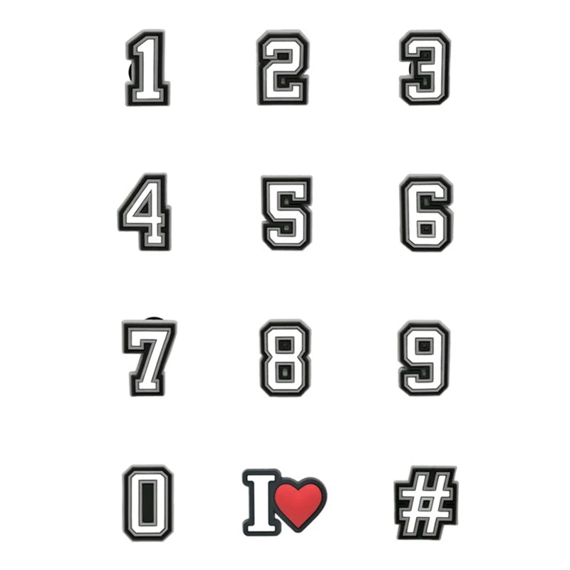 A set of numbered and lettered PVC pins for decorating shoes, sandals, and clogs.