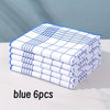 A stack of six blue checkered lint-free dish cloths or kitchen towels.