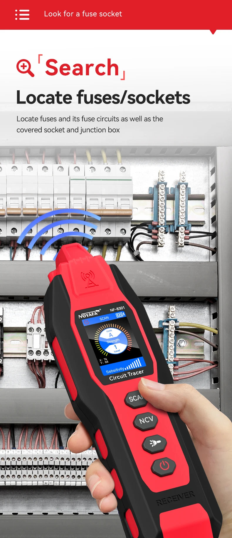 A hand holds a red underground cable and wire tracer device for locating fuses and sockets in an electrical panel.