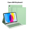 A green detachable wireless keyboard case for an iPad, showing the keyboard and the protective cover.