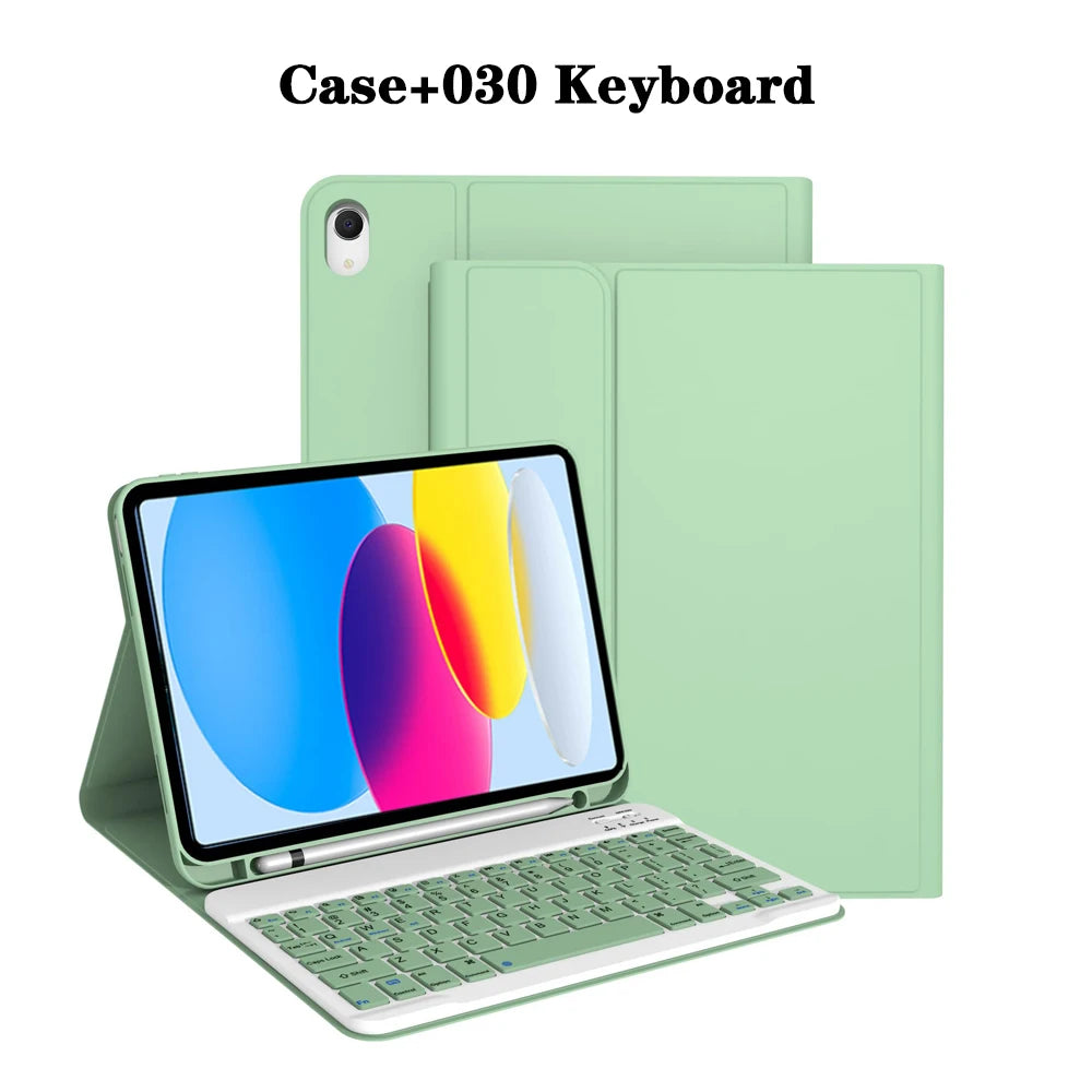 A green detachable wireless keyboard case for an iPad, showing the keyboard and the protective cover.