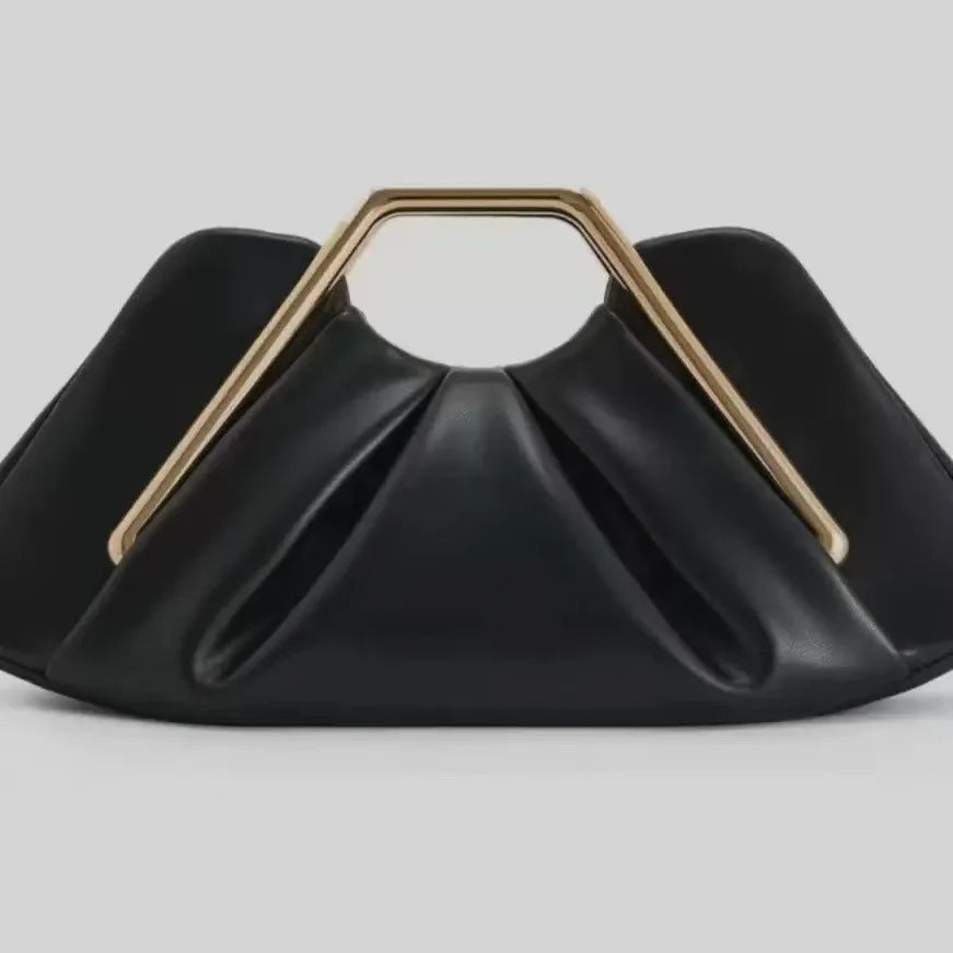 A black soft PU leather crossbody bag with a gold-toned metal strap.