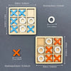 A set of wooden tic tac toe game boards and pieces in blue, white, and orange colors.