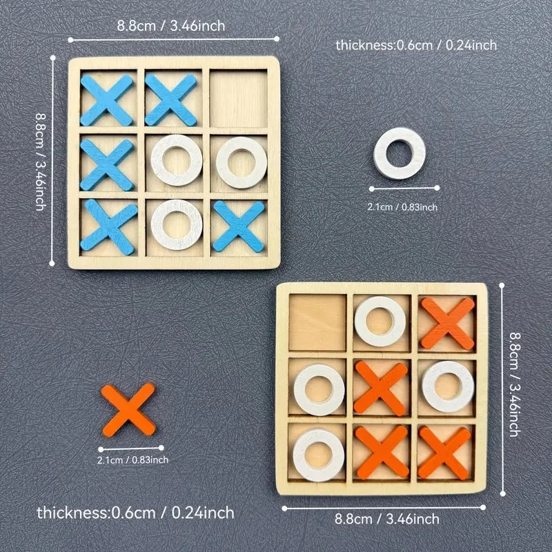 A set of wooden tic tac toe game boards and pieces in blue, white, and orange.