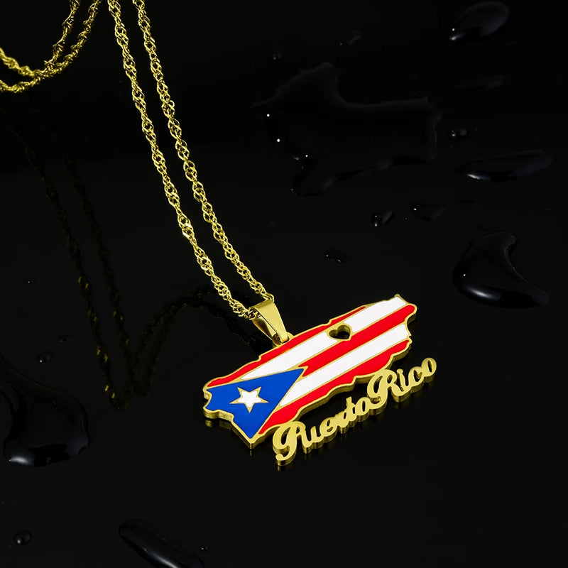 Stainless Steel Puerto Rico Map Pendant Necklace