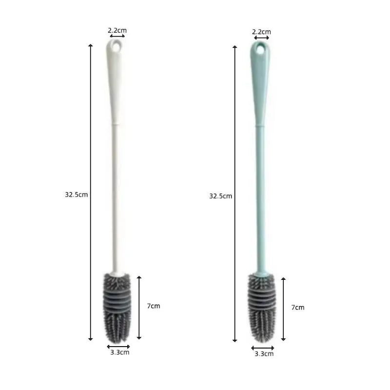 A silicone bottle brush with a long handle and bristles for cleaning cups, thermoses, and glassware.