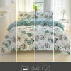 A duvet cover set featuring a white background with watercolor floral patterns in teal and grey tones shown under different l