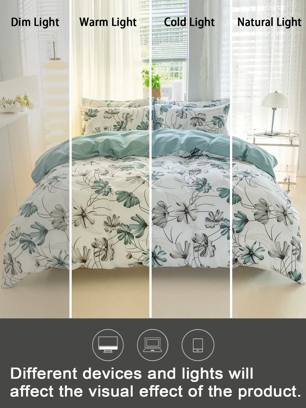A duvet cover set featuring a white background with watercolor floral patterns in teal and grey tones shown under different l