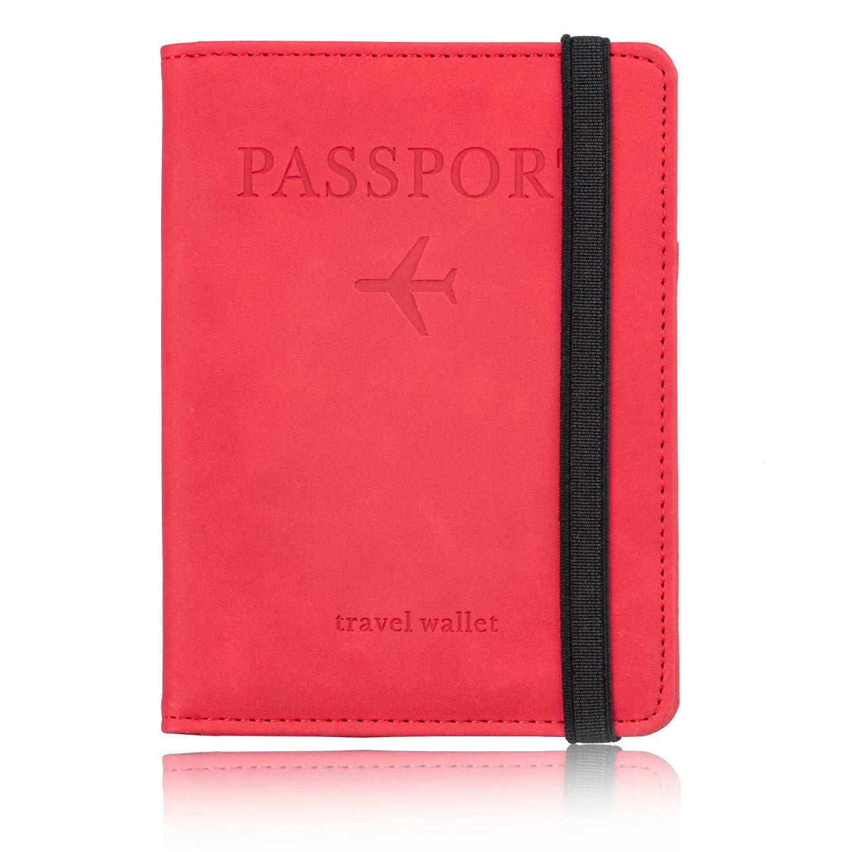 A red leather passport wallet with a black strap and the word passport embossed on the cover.