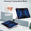 A slim protective iPad case demonstrating viewing and typing angles with built-in pencil holder features.