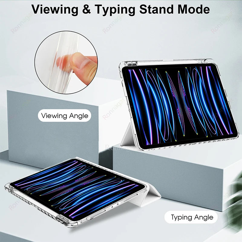 A slim protective iPad case demonstrating viewing and typing angles with built-in pencil holder features.