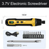 A yellow and black 3.7V electronic screwdriver with a battery, charging cable, and various screwdriver bits.