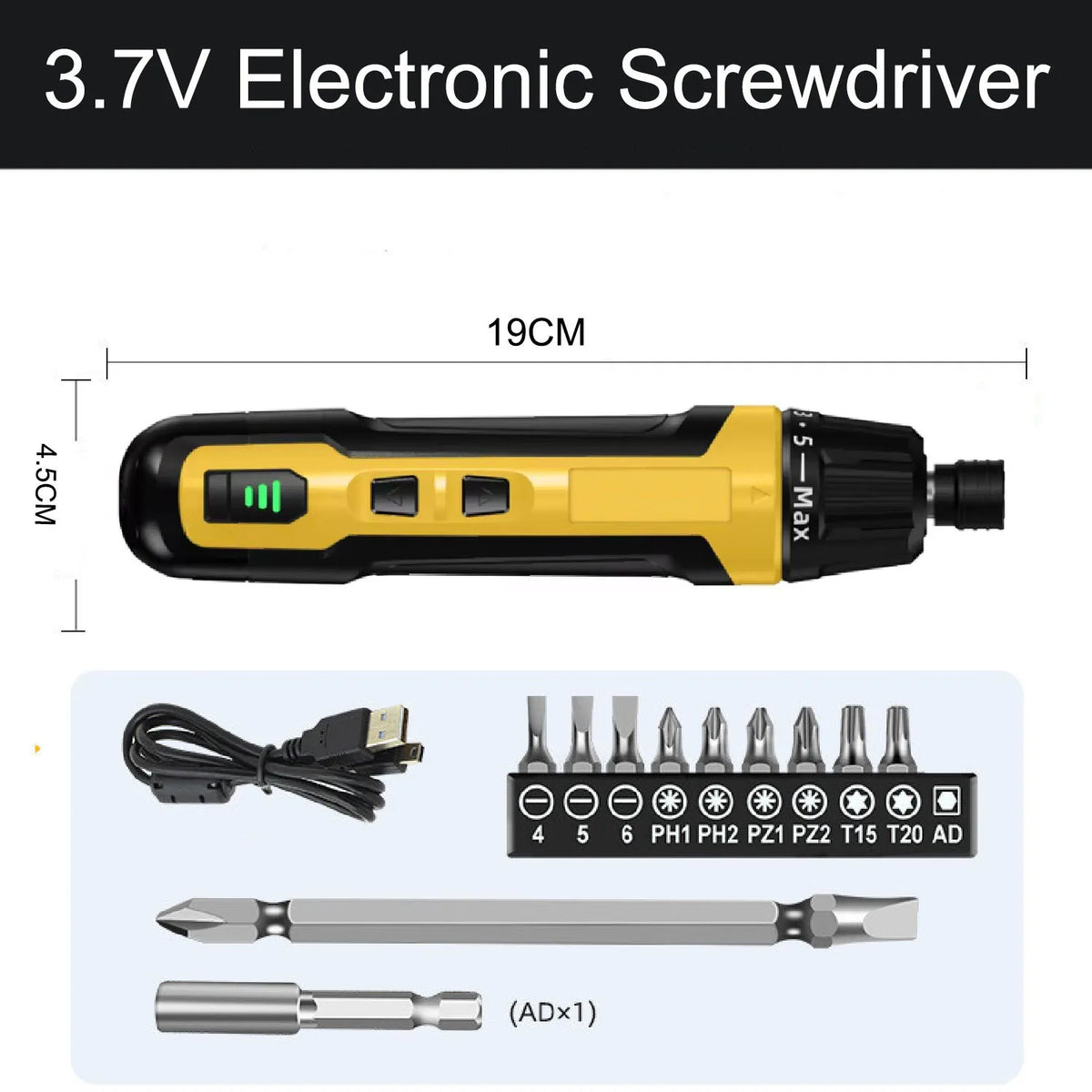 A yellow and black 3.7V electronic screwdriver with a battery, charging cable, and various screwdriver bits.