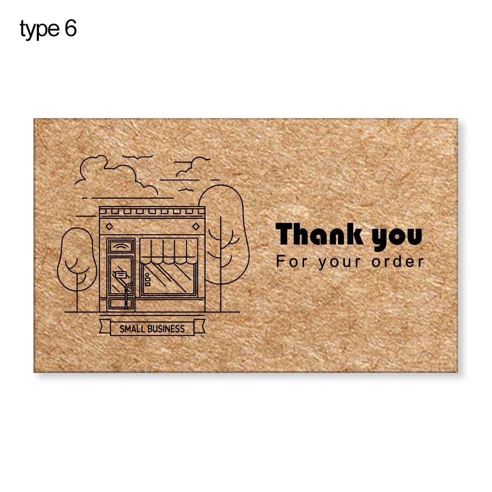 A kraft paper tag design featuring a line drawing of trees and a storefront, with the text Thank you for your order and Small