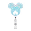 A sparkly blue Mickey Mouse-themed badge reel with a castle design and a clear retractable ID holder.