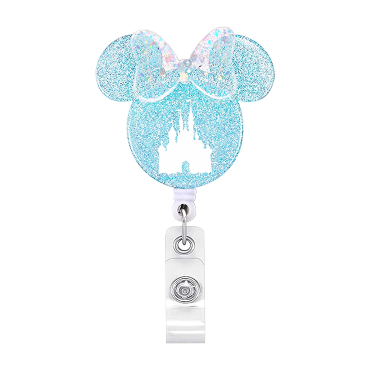 A sparkly blue Mickey Mouse-themed badge reel with a castle design and a clear retractable ID holder.