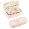 A light pink fabric pencil case with a clear mesh top, shown open and closed.