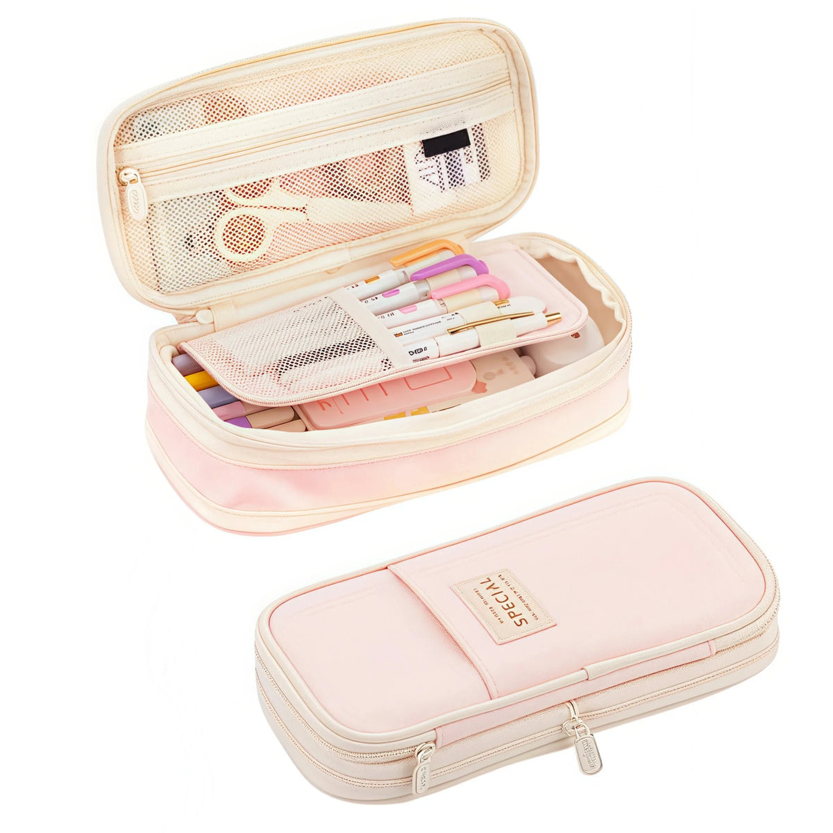 A light pink fabric pencil case with a clear mesh top, shown open and closed.