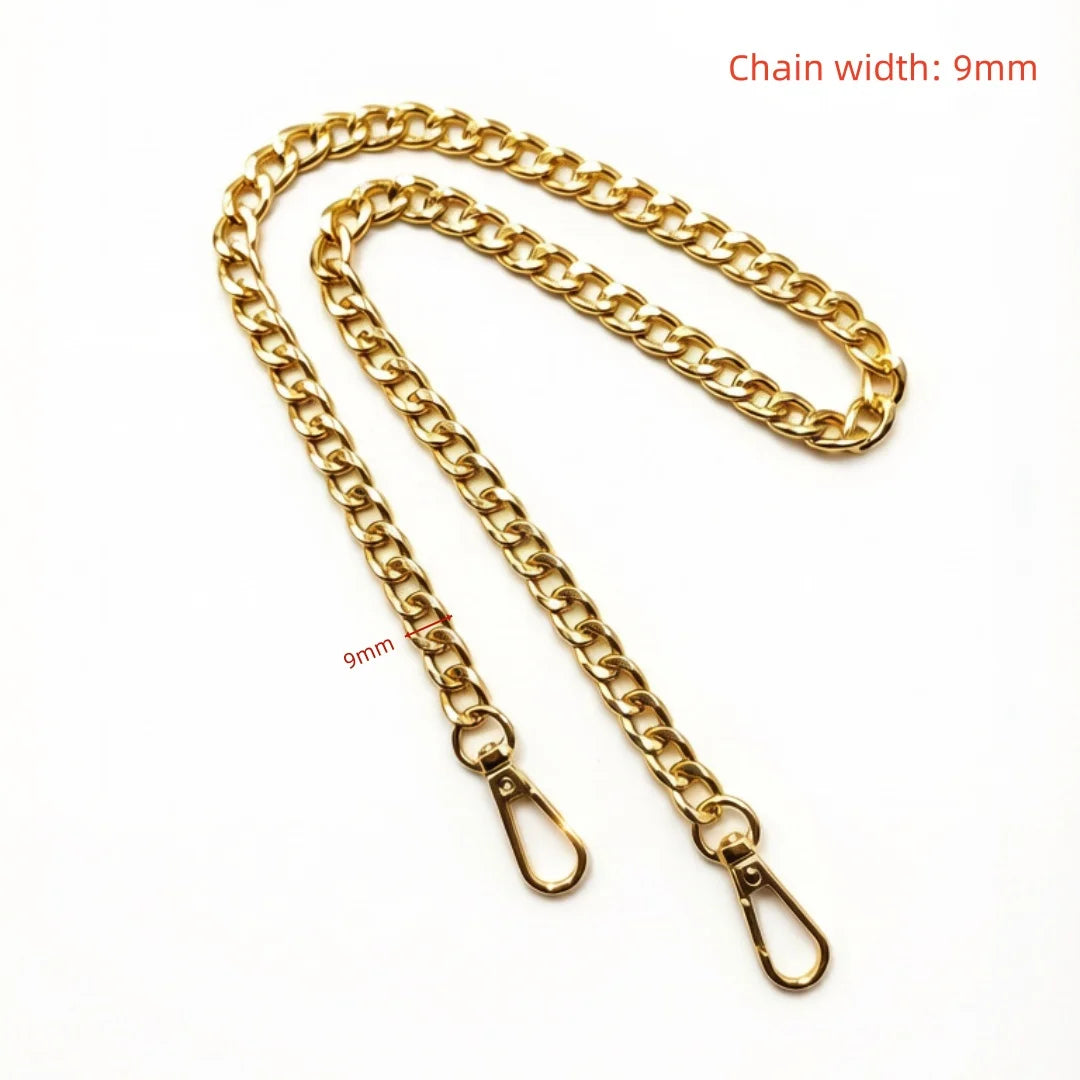A gold-colored metal chain strap with a 9mm width is shown lying on a white background.