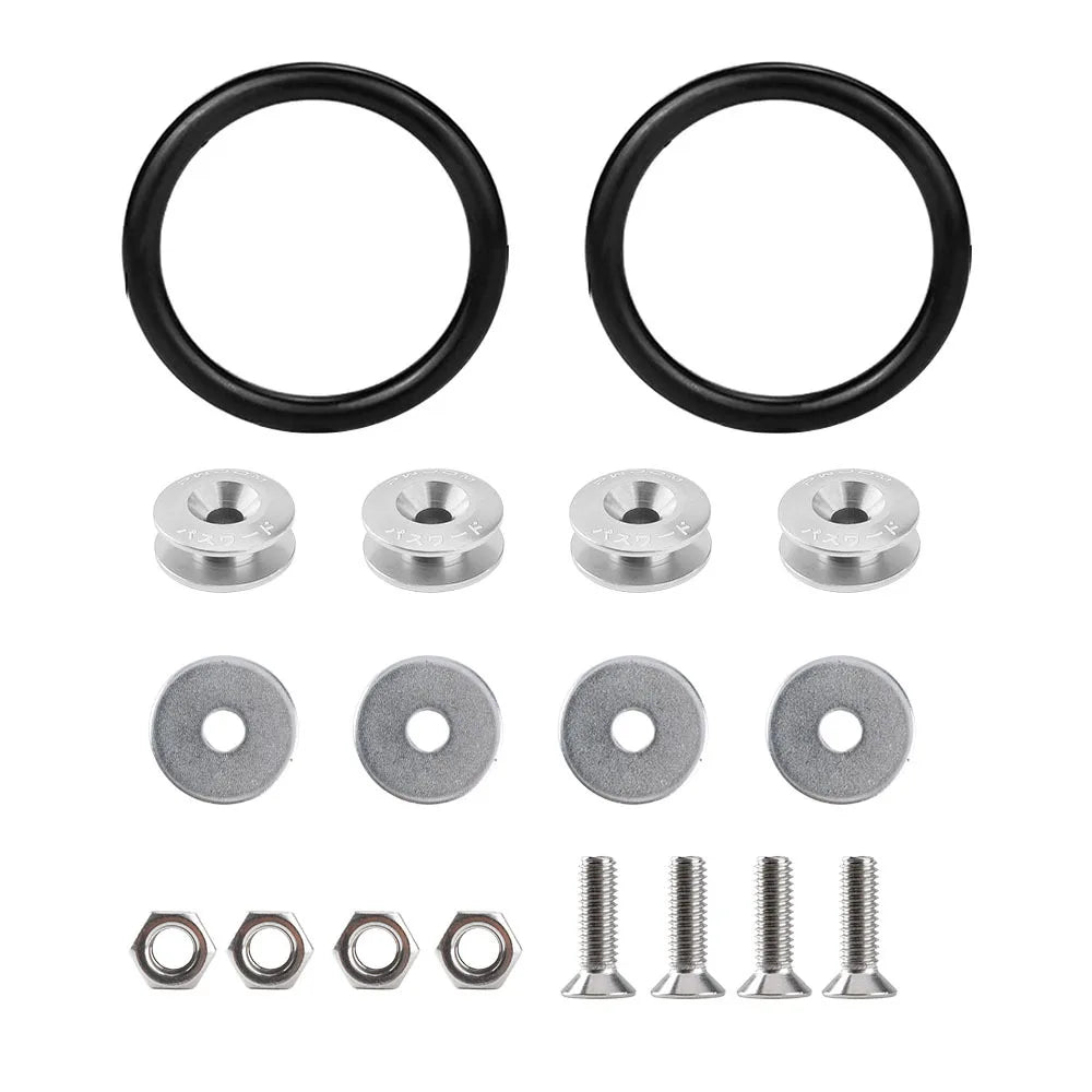 A set of black aluminum quick release bumper fasteners and screws.