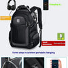 A black laptop backpack demonstrating three steps to achieve portable charging using an external USB interface.