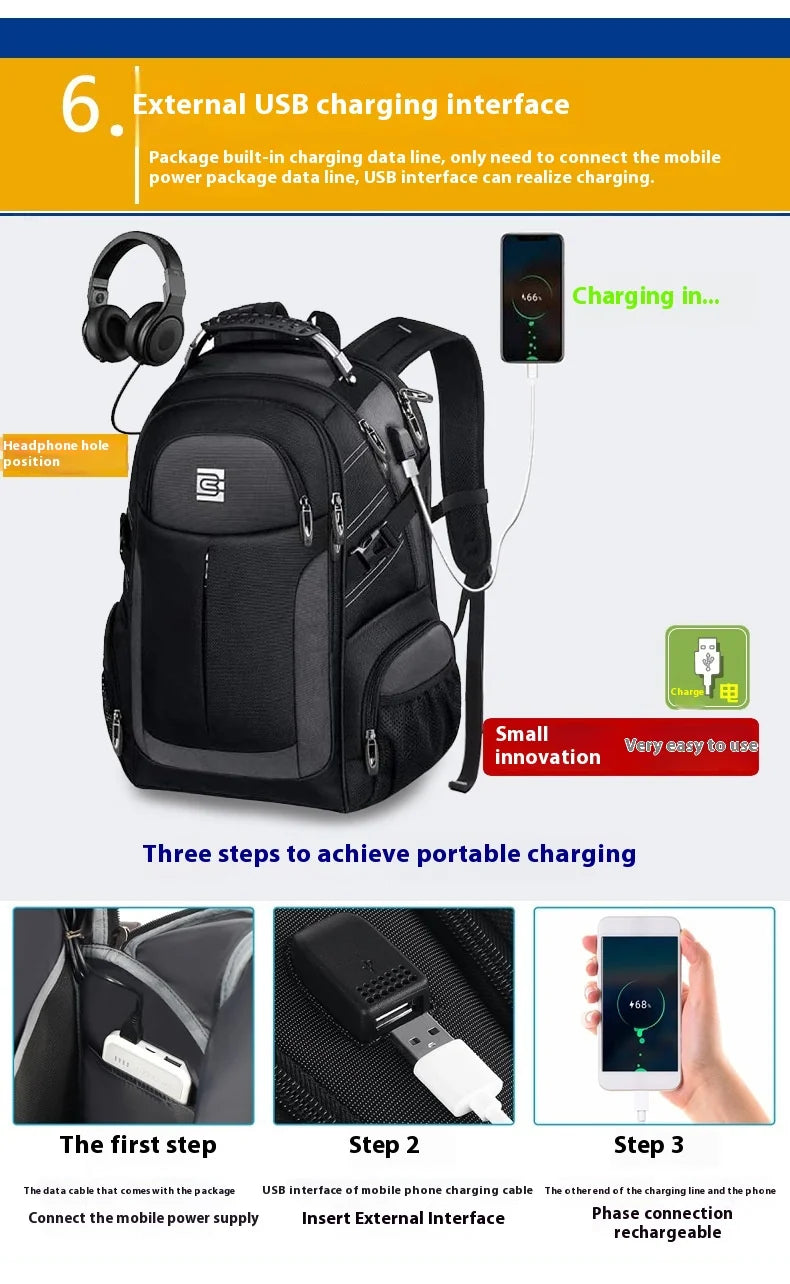 A black laptop backpack demonstrating three steps to achieve portable charging using an external USB interface.