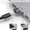 A USB C female to USB A male adapter is shown connecting a device, demonstrating data transfer and power charging.