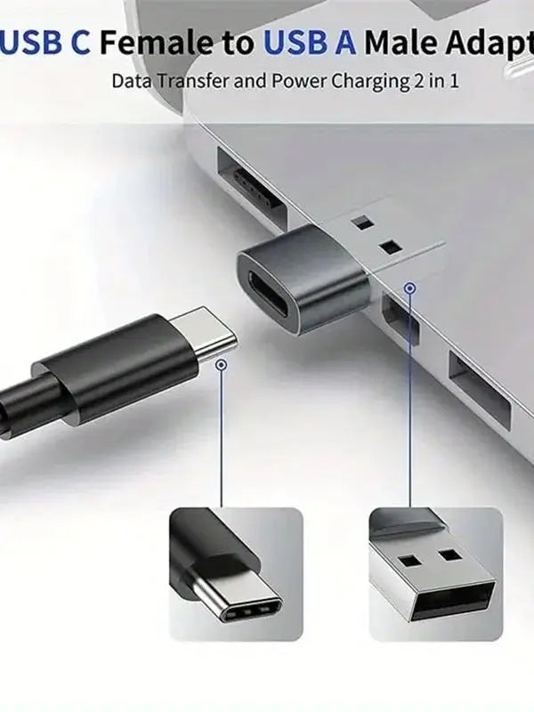 A USB C female to USB A male adapter is shown connecting a device, demonstrating data transfer and power charging.