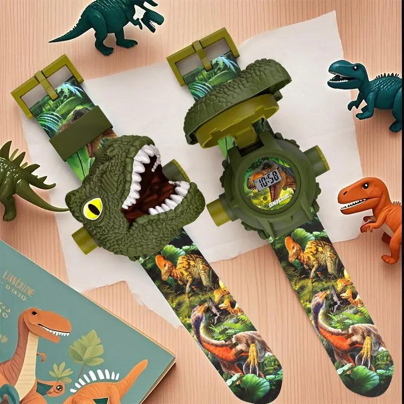A dinosaur projector watch for kids featuring a 3D dino head and 24 prehistoric images on the strap.