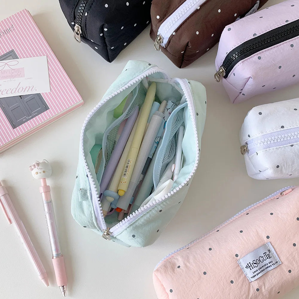 Korean Style Polka Dot Pencil Case – Spacious Storage for Students & Makeup