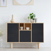 A wooden cabinet display featuring matte black self-adhesive vinyl wallpaper panels and small potted plants.