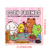 A coloring book cover featuring cute animal characters like a white dog, a yellow chick, and a brown bear, designed for color
