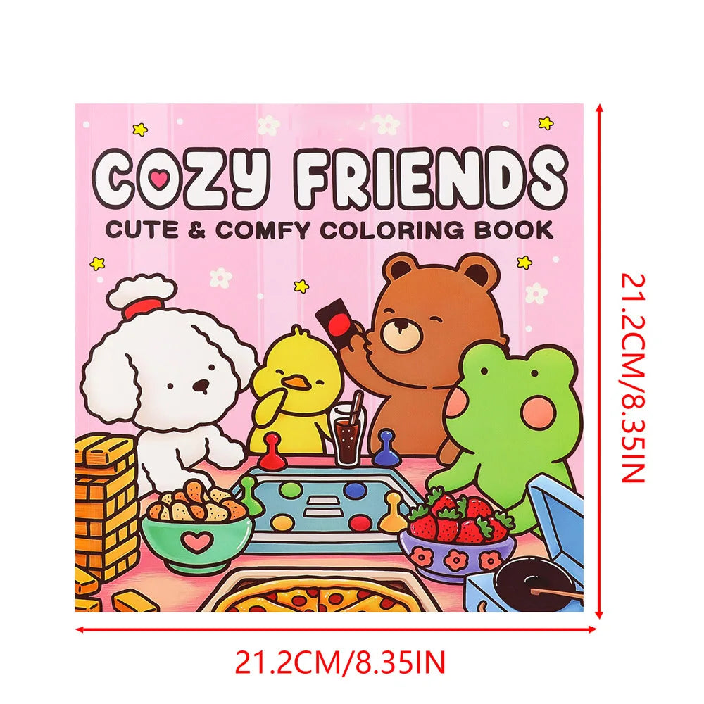 A coloring book cover featuring cute animal characters like a white dog, a yellow chick, and a brown bear, designed for color