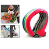 A colorful ergonomic grocery bag carrier with a soft-grip handle is shown in various angles.