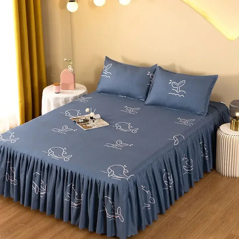 Elegant Elastic Fitted Bed Sheet Set with Lace Skirt and Pillowcases