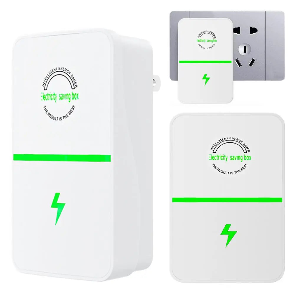 A white intelligent energy saving box and its corresponding plug adapter for home appliances.