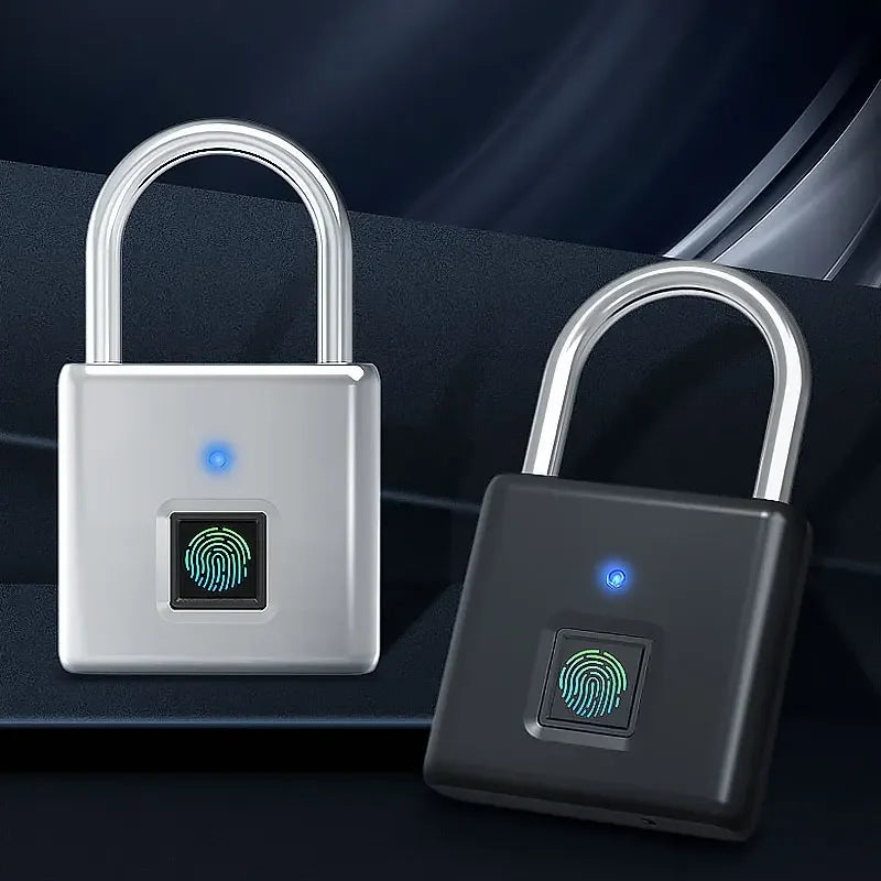 A silver and black fingerprint padlock with a keyhole and a fingerprint scanner is shown against a dark background.