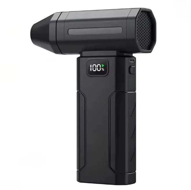 A black high-speed brushless DC air blower with a textured nozzle and an indicator showing 100% power.