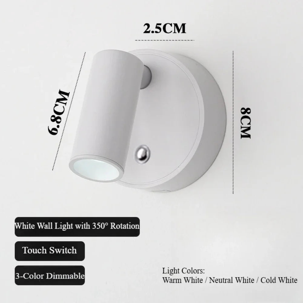 A white wall light fixture with a cylindrical design and a round base, featuring a touch switch and 360-degree rotation.