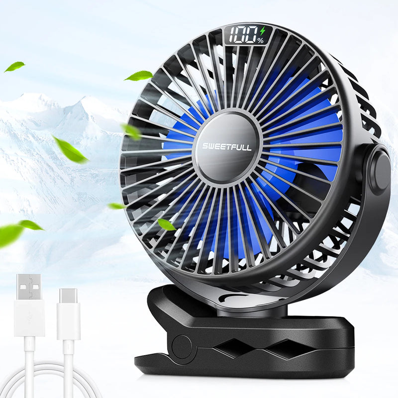 USB-Rechargeable Clip-On Desk Fan with Digital Display